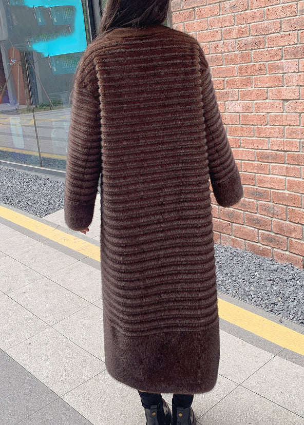 Coffee O-neck Pockets Print Leather and Fur Long Coats Winter