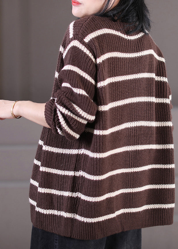 Handmade Black O-neck Striped Button Knit Sweaters Coats Fall