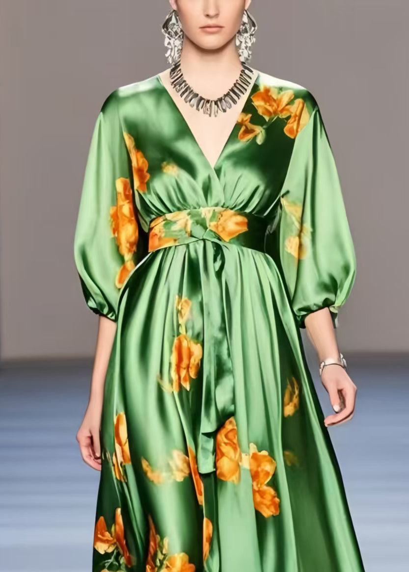 Organic Green Print Exra Large Hem Silk Holiday Dress Half Sleeve Spring