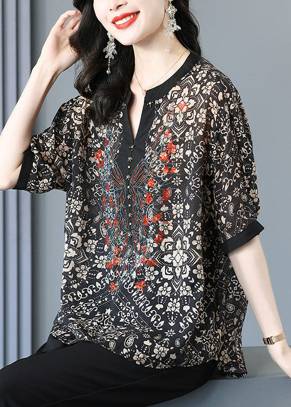 Black V Neck Print Silk Shirt for Short Sleeve