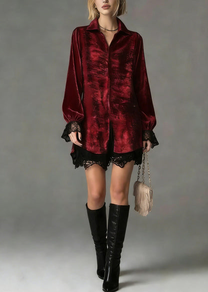 Red Peter Pan Collar Lace Patchwork Silk Shirt Top Spring