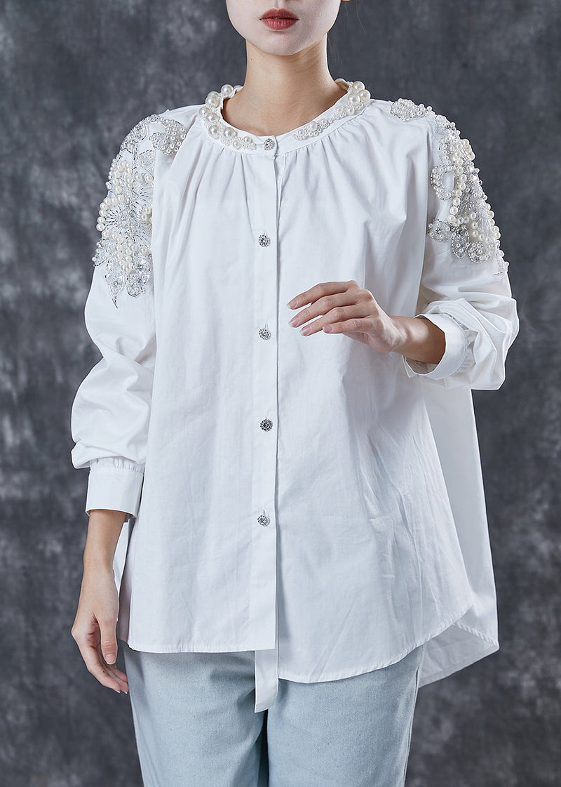 White Oversized Nail Bead Cotton Shirts Spring