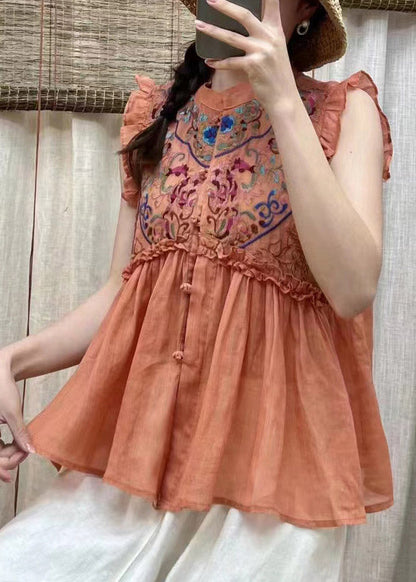 Simple Blue Embroideried Ruffles Button Linen Top Short Sleeve