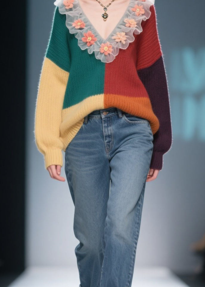Natural Colorblock Ruffled Knit Sweaters Winter