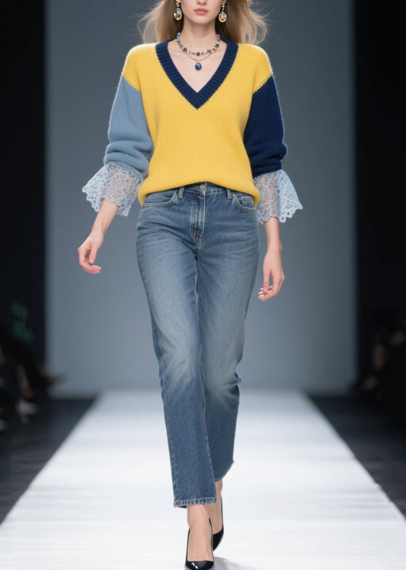 Stylish Colorblock V Neck Patchwork Lace Sweater Tops Winter