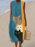 Comstylish Funny Cat Print Women's Linen Tank Dress