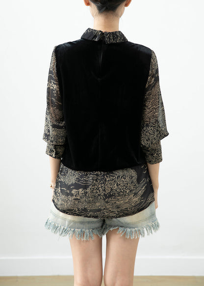 Black Peter Pan Collar Patchwork Silk Velour Shirt Top Fall