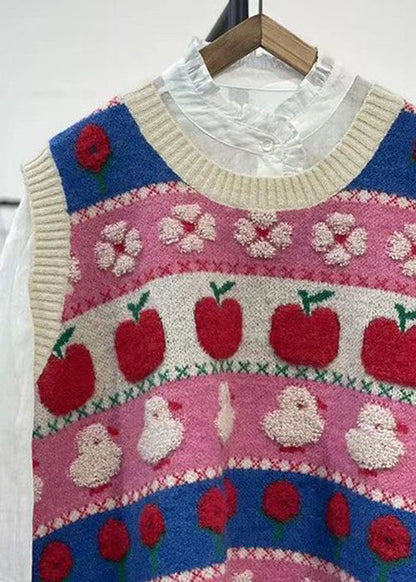 Pink Embroideried Patchwork Cozy Cotton Knit Waistcoat Sleeveless