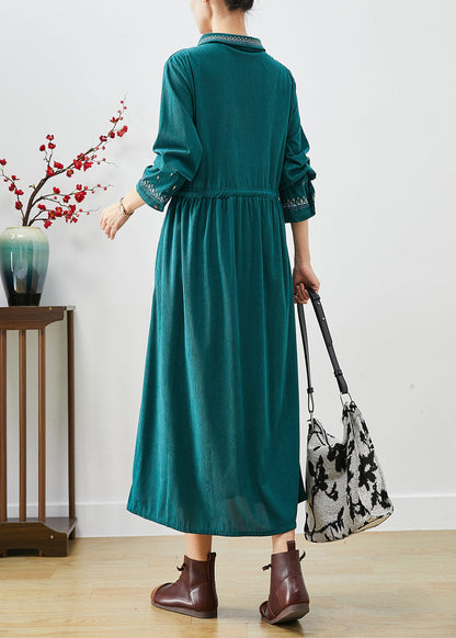 Blackish Green Embroideried Corduroy Cinched Dresses Fall