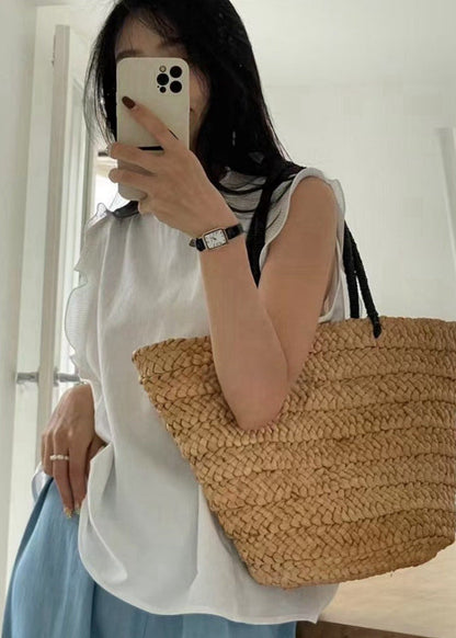 White Ruffled Patchwork Cotton Tanks Sleeveless