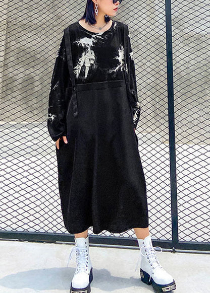 Black O-neck Print Patchwork Sweatshirt Dresses Spring