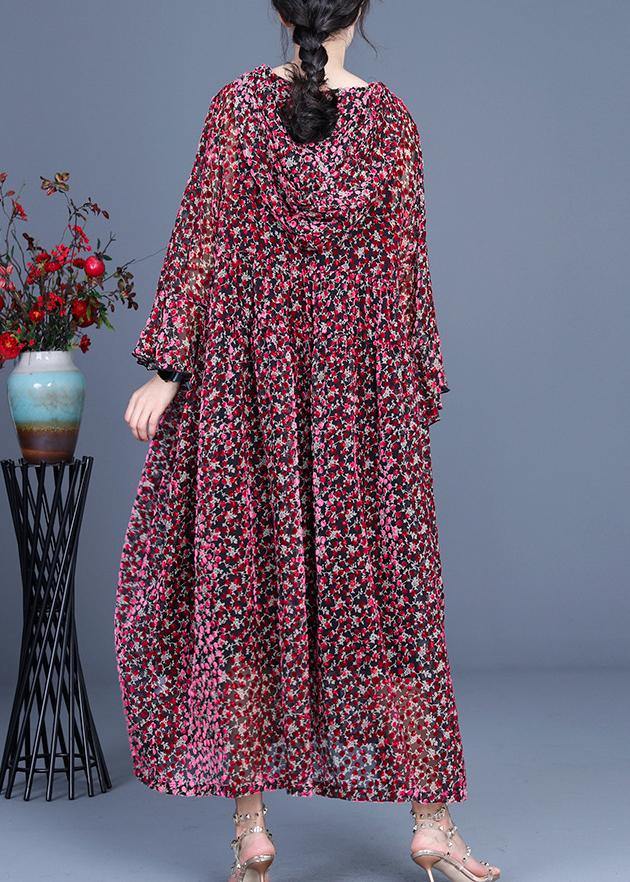 Italian Red Print Flare Sleeve Summer Silk Maxi Dresses