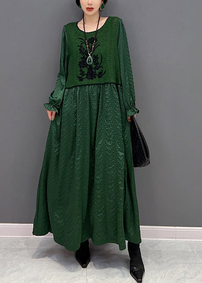 French Green O-neck Patchwork Knit Maxi Dresses Winter
