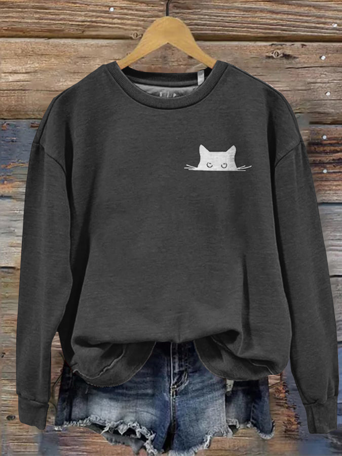Women's Embroidered Black Cat Print Sweatshirt elevenforest
