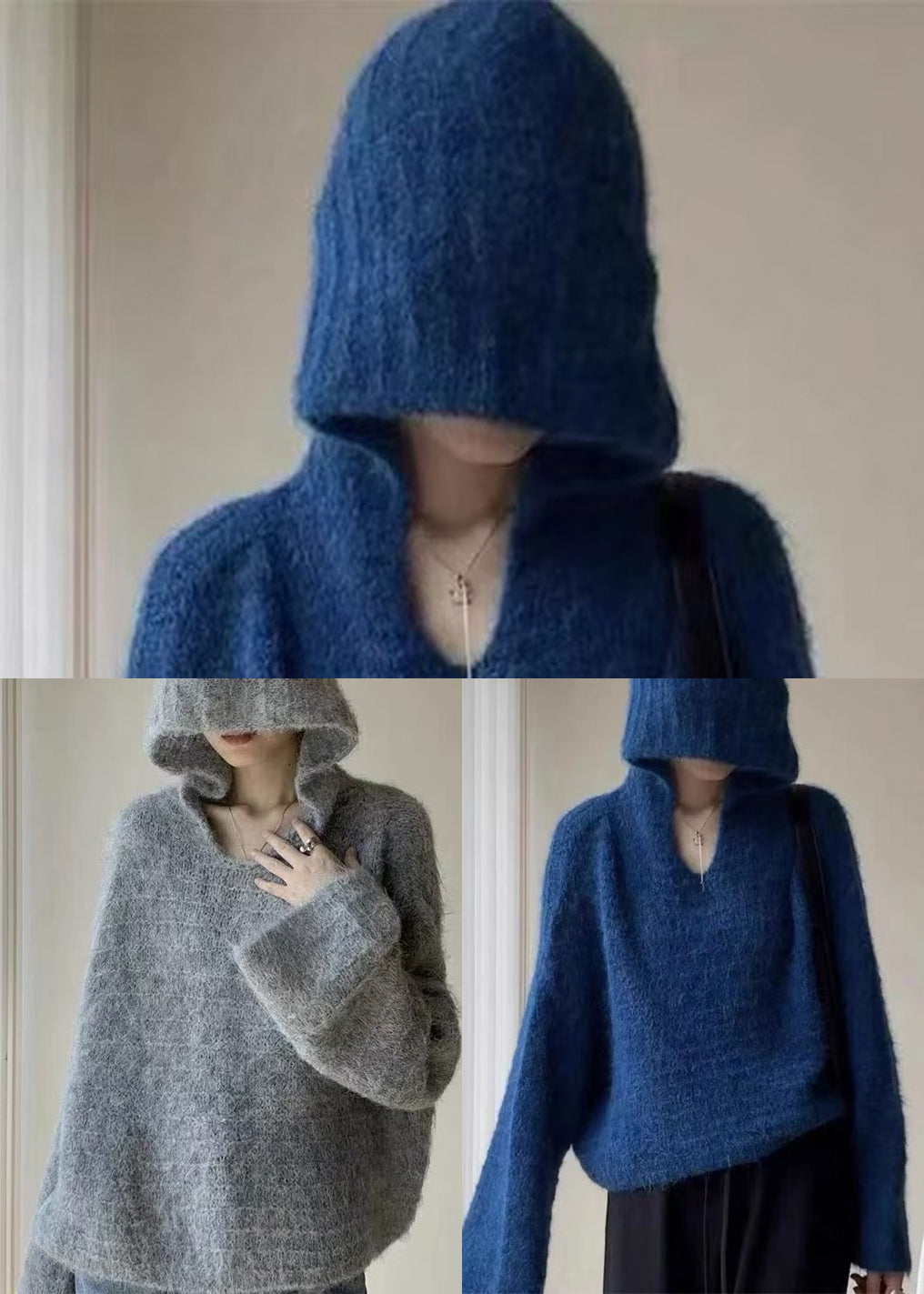 Stylish Blue Hooded Oversized Knit Pullover Spring
