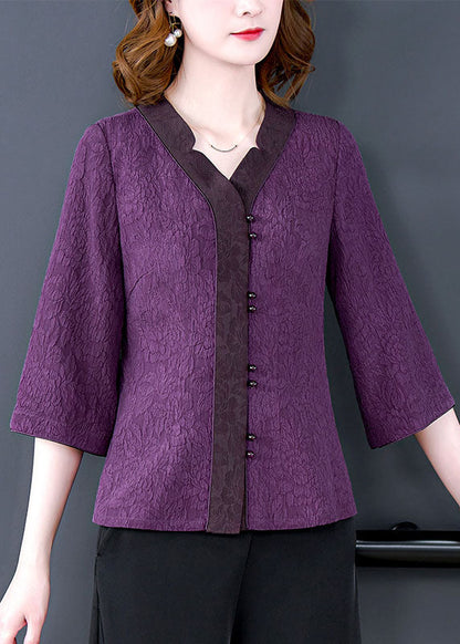 Purple V Neck Jacquard Patchwork Silk Shirts Bracelet Sleeve