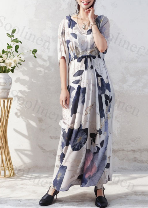 Loose O-neck Print Wrinkled Silk Long Dress Summer