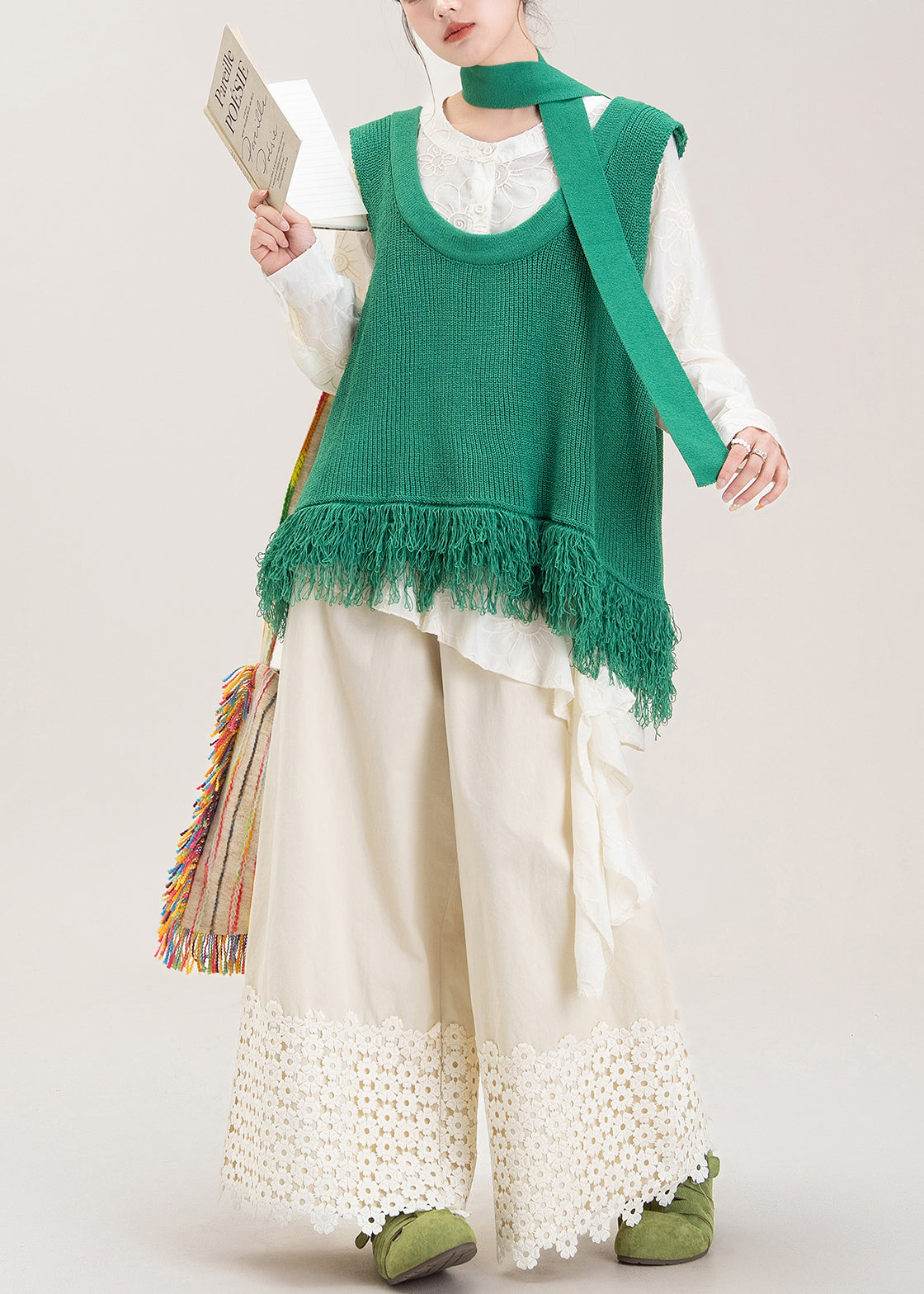 Stylish Green Tasseled Knit Vest and Apricot Wide Leg Pants Three Pieces Set