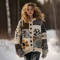 Comstylish Women's Patchwork Floral Heart Button Warm Cardigan Sweater