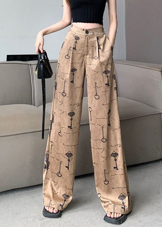 Print Pockets High Waist Satin Wide Leg Pants Spring