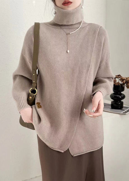 Simple White Hign Neck Asymmetrical Patchwork Woolen Knit Pullover Spring
