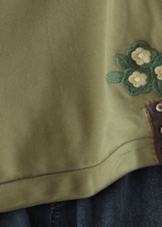 Green Embroideried Cotton Loose Sweatshirt Spring