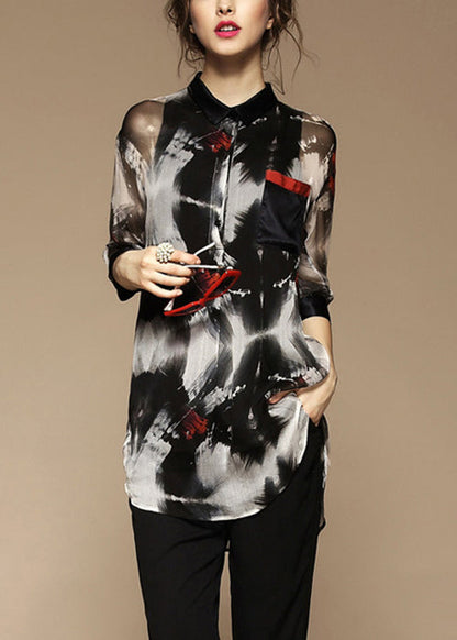 Stylish Peter Pan Collar Print Pockets Blouse Bracelet Sleeve Fall