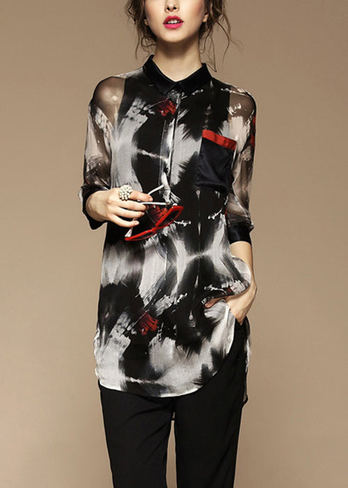 Stylish Peter Pan Collar Print Pockets Blouse Bracelet Sleeve Fall