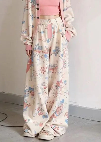 Apricot V Neck Print Coats Vest and Wide Leg Pants Three Pieces Set Long Sleeve