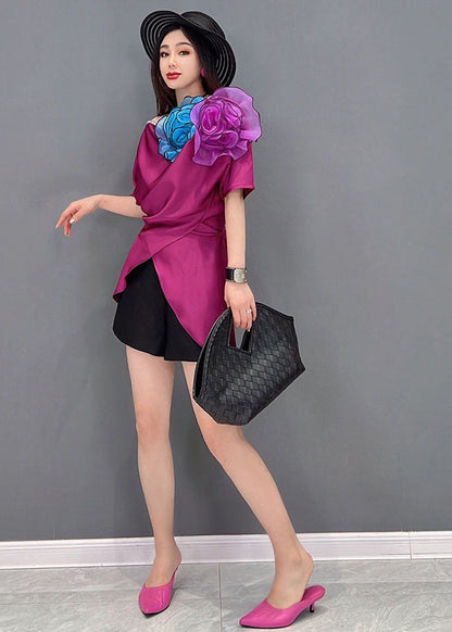 Classy Purple Red Asymmetrical Design Silk Shirt Vestidos Short Sleeve