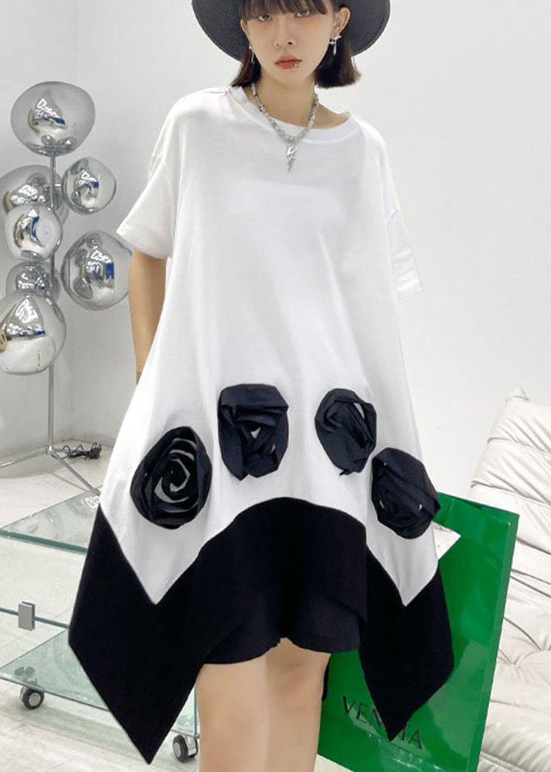 White Patchwork Asymmetrical Design Summer Cotton Mini Dress