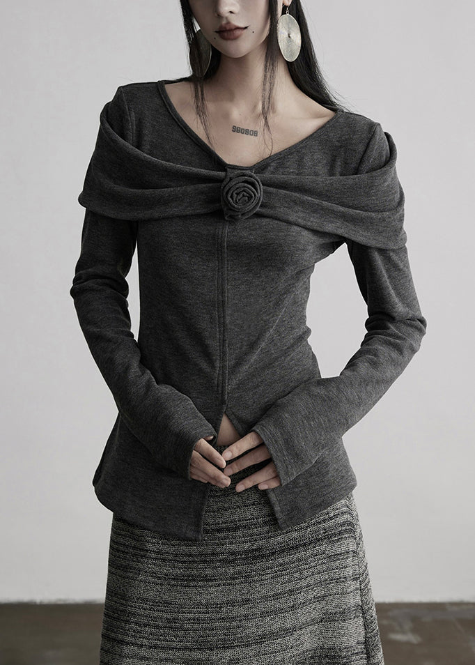 Slim Fit Grey V Neck Cotton T Shirts Tops Fall
