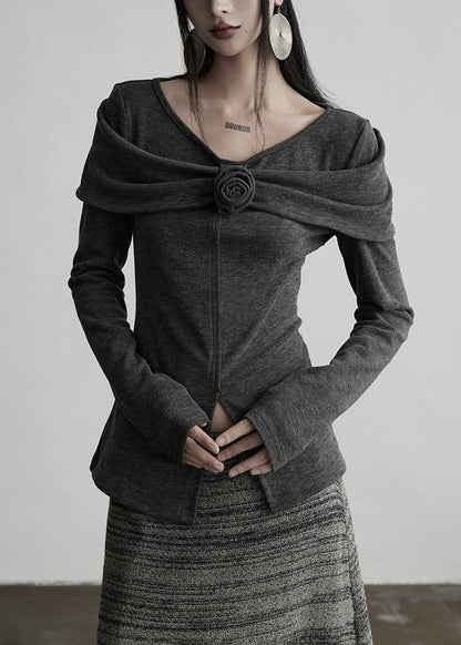 Slim Fit Grey V Neck Cotton T Shirts Tops Fall