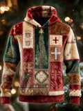 Comstylish Christmas Tree & Cross Patchwork Design Men's Flannel Hooded Sweatshirt