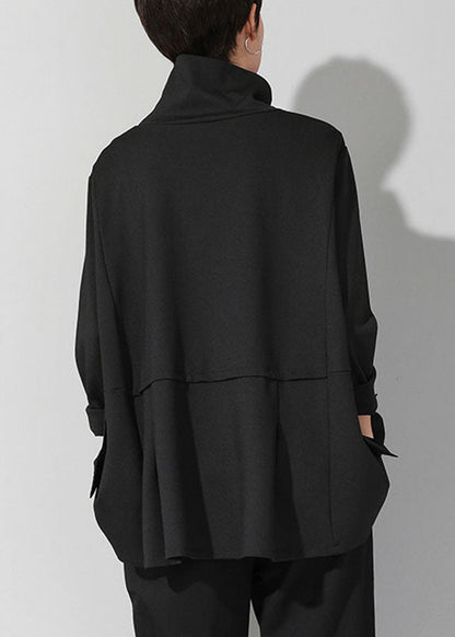 Handmade Black Turtleneck Patchwork Pockets Tie Waist Fall Top Long Sleeve