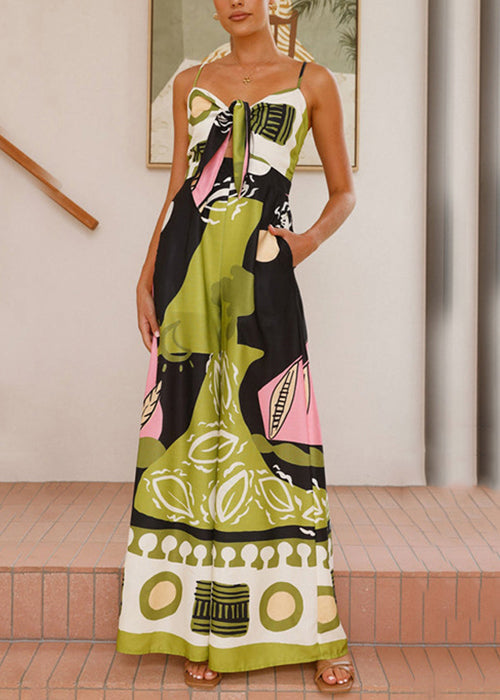 Green Print Zippered Pockets Cotton Wide Leg Jumpsuit Sleeveless