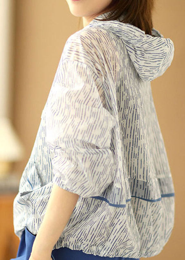 Blue Striped Zippered Drawstring Hooded Pockets Upf 50+ Coat Jacket Summer