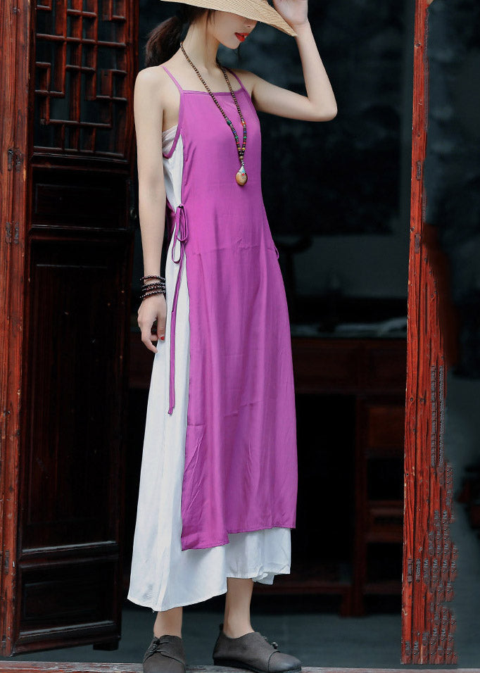 Violet Tie Waist Cotton Fake Two Piece Spaghetti Strap Dress Summer