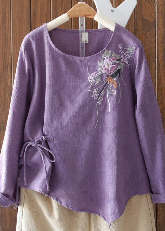 Purple Embroidered Lace Up Cotton Blouses Long Sleeve