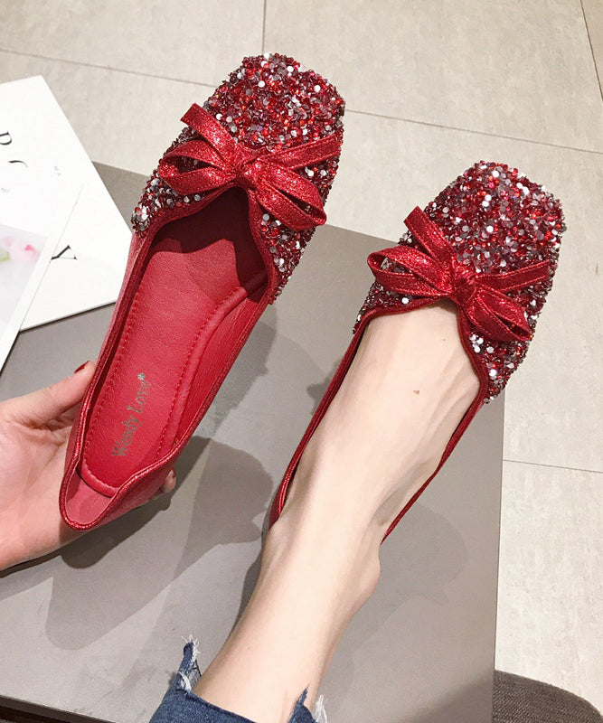 Red Faux Leather Penny Loafers Splicing Sequins Bow