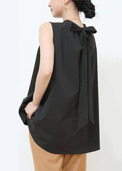 Black Wrinkled Patchwork Bow Cotton Blouses Sleeveless