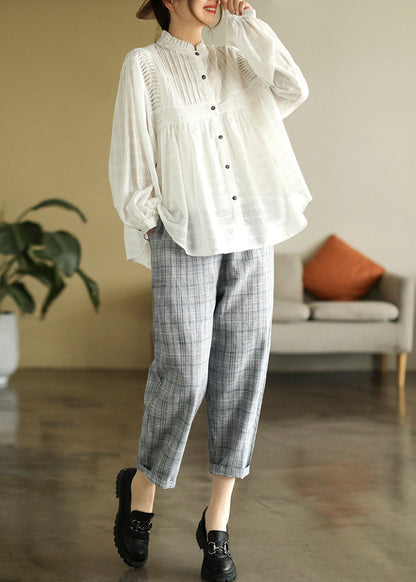 White Ruffled Patchwork Wrinkled Exra Large Hem Cotton Shirts Spring