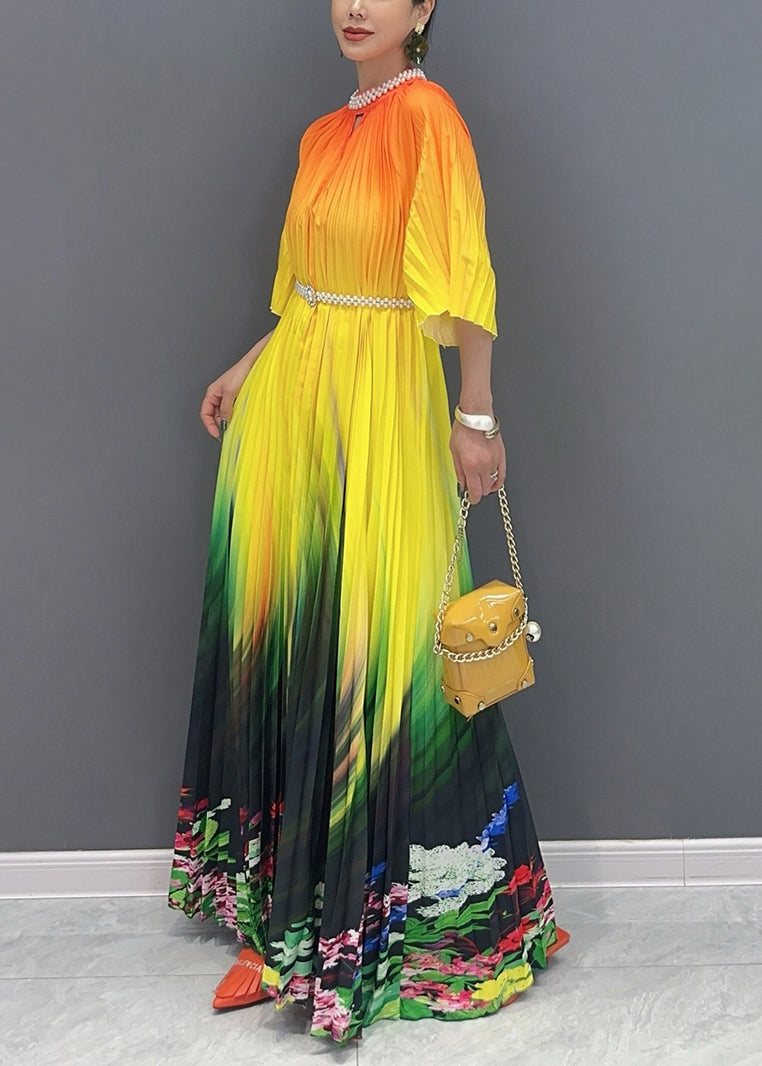 Summer Orange Yellow Color Blocked Long Pleated Dress