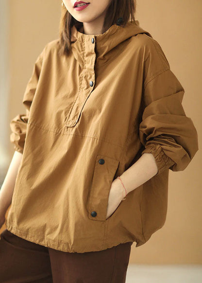 Khaki Hooded Button Pockets Fall Shirt Long Sleeve