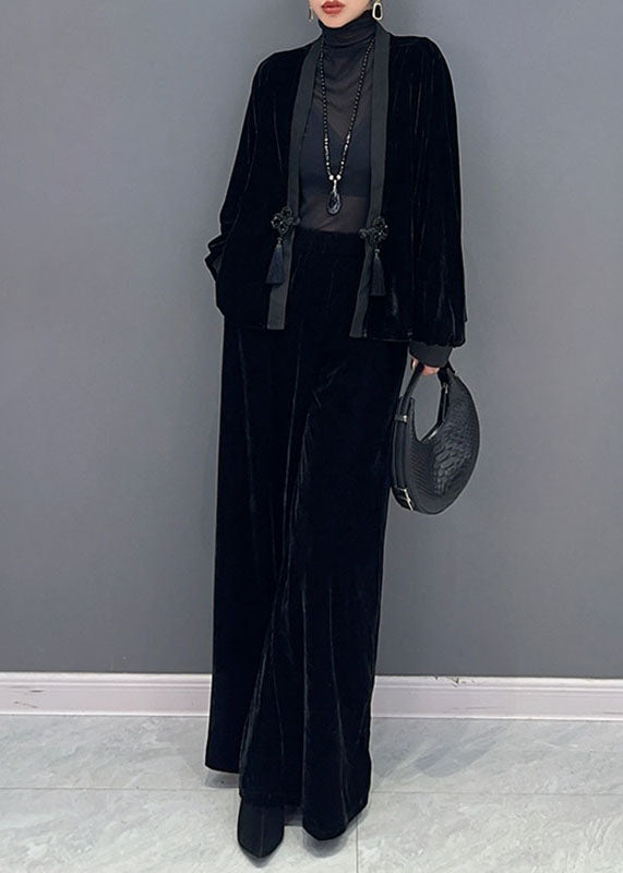 French Black V Neck Patchwork Button Silk Velour Coats and Wide Leg Pants Two Pieces Set Fall