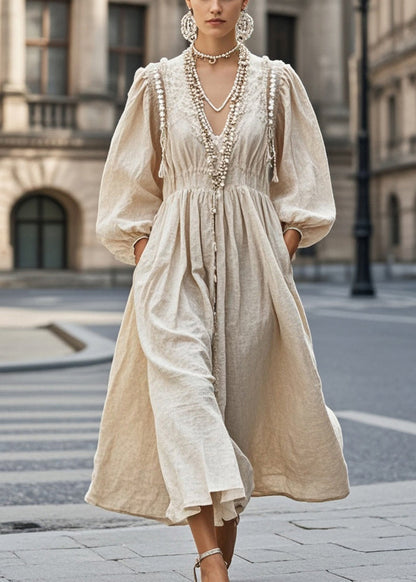 Nail Bead V Neck Cotton Holiday Dress Fall