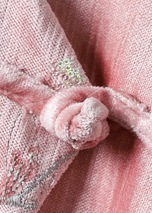 Pink Stand Collar Embroideried Sequins Patchwork Cotton Coat Fall