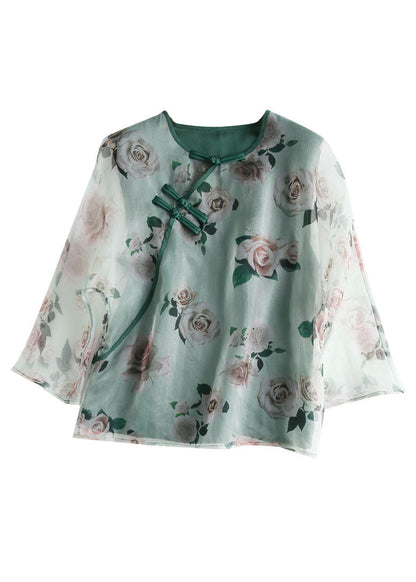 Green Print Chinese Button Patchwork Tulle T Shirt Summer