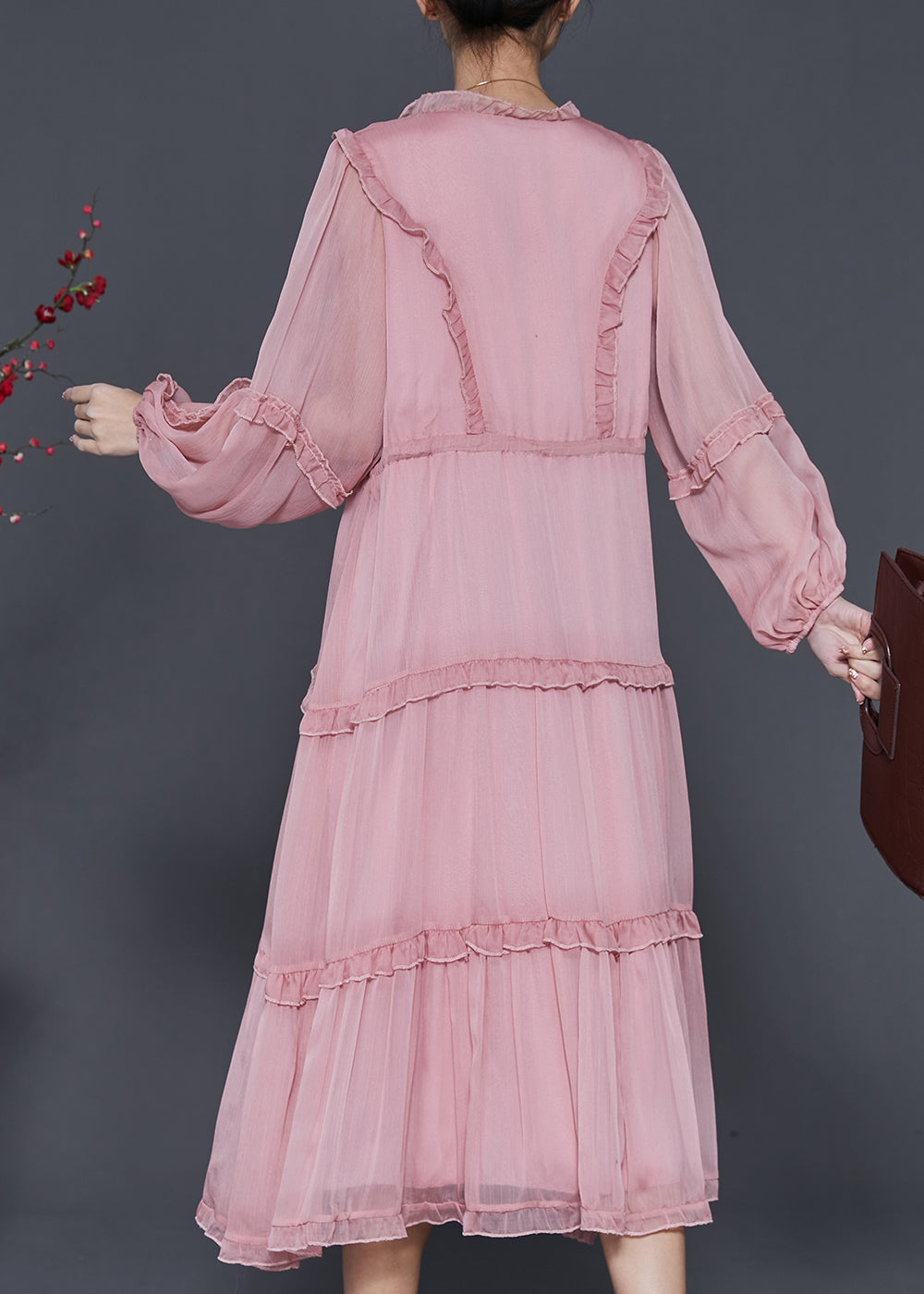 Pink Ruffled Tie Waist Chiffon Vacation Dresses Spring