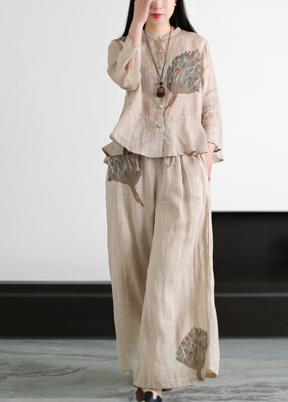 Apricot Pocket Linen Tops and Wide Leg Pants Two Piece Set Clothing Ruffles Flare Sleeve